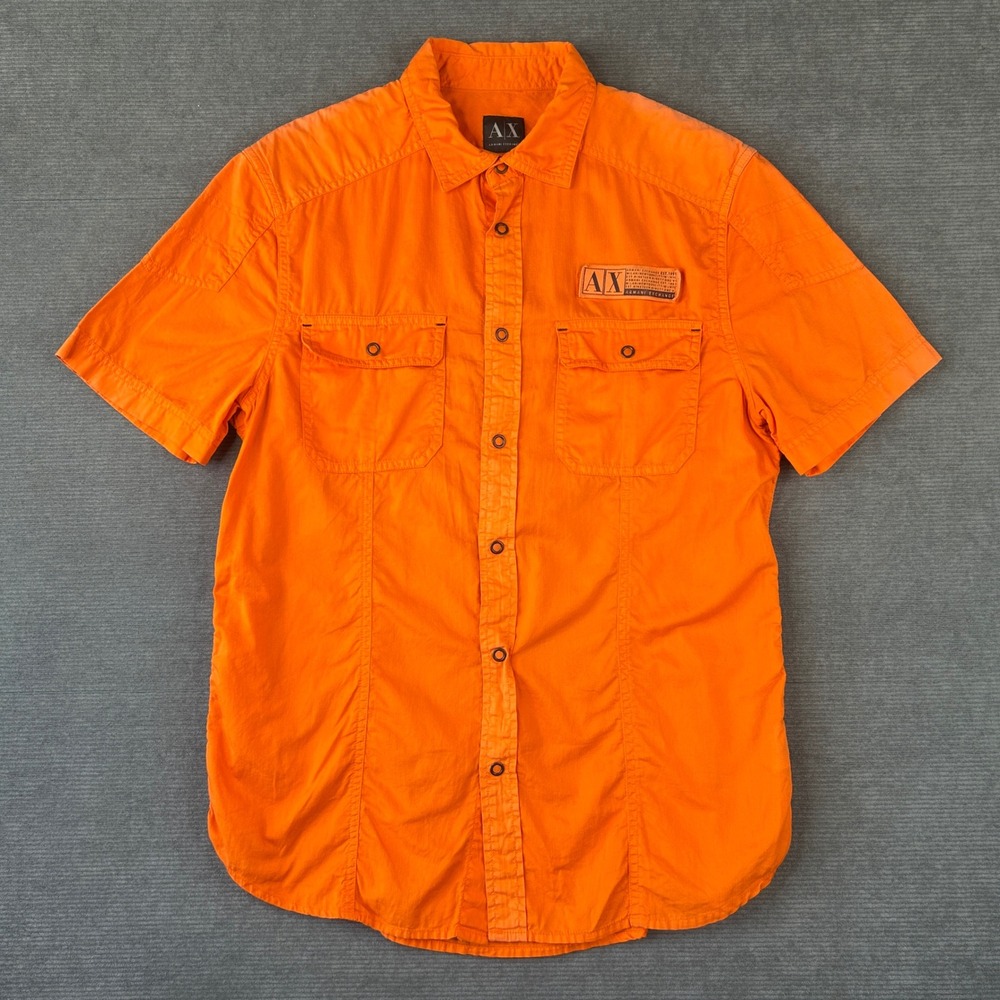 Armani Exchange Mens Orange y2k Short Sleeve Snap Button Utility Shirt AX Logo L